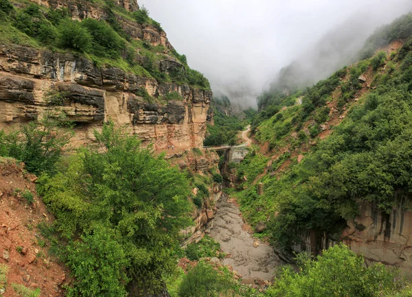Dağlardaki nehrin üzerinde küçük bir köprü. Gryz köyüne. Guba bölgesi. Azerbaycan.