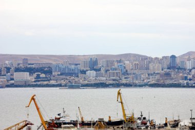 Beautiful port city of Baku with mountains. Azerbaijan.