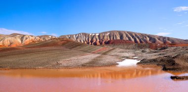 Kırmızı çizgili dağlarda kırmızı rezervuar. Khizi bölgesi. Azerbaycan.