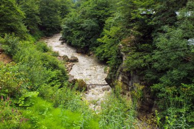 Güzel bir kanyonda çamurlu bir nehir. Guba bölgesi. Azerbaycan.