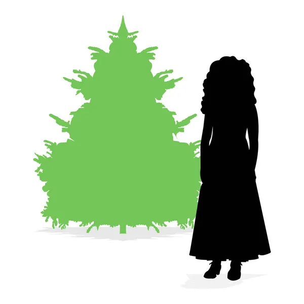 Silhouette Eines Mädchens Frau Abendkleid Und Einem Weihnachtsbaum Bildschirmschoner Für — Stockvektor