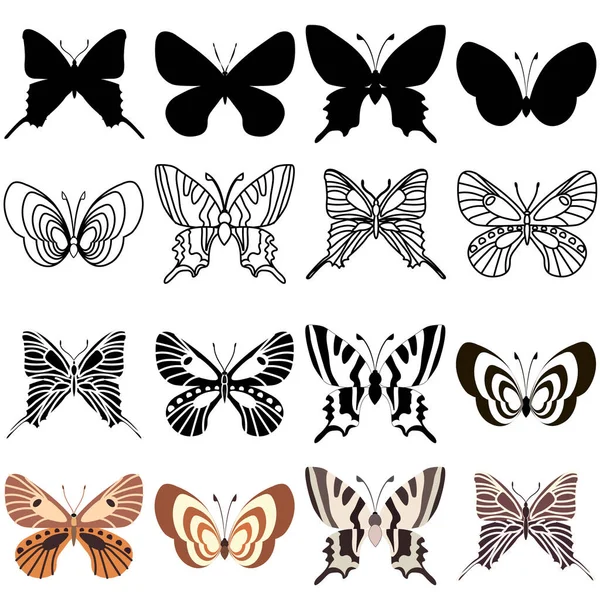 Ensemble Silhouette Silhouette Papillons Insectes — Image vectorielle