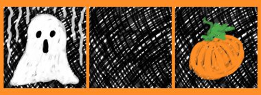 Cadılar Bayramı. Siyah gölgeli kareleri, bir balkabağı ve bir hayaleti olan üç parçalı bir resim..