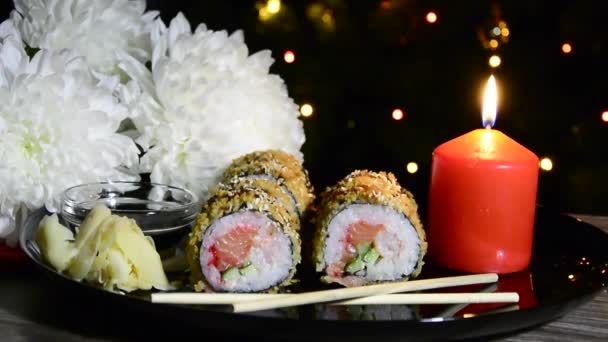 Sushi Bakgrund Vita Astrar Stilleben Med Blinkande Nyårsljus — Stockvideo