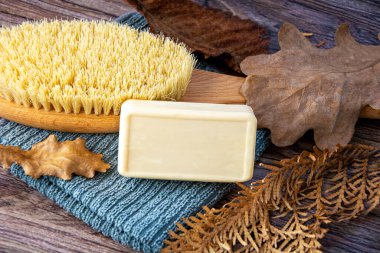 Bir kalıp sabun, vücut masajı fırçası ve sünger. Doğal güzellik tedavileri, geri dönüşü olmayan bakım ya da sıfır atık konsepti. Üst görünüm, alanı kopyala.