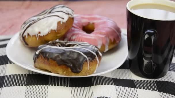 Donut Donuts Esmalte Chocolate Cupcakes Com Café Café Manhã — Vídeo de Stock