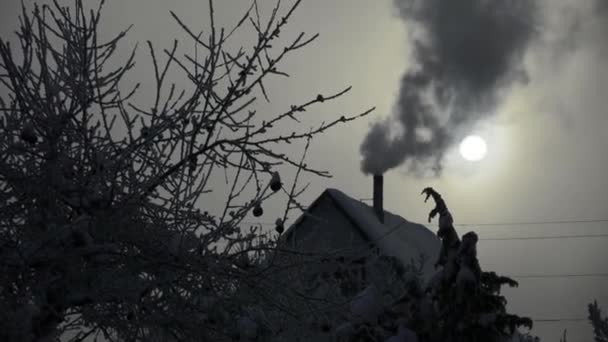 Fumo Chaminé Aquecimento Uma Casa Privada Inverno Paisagem Noturna — Vídeo de Stock