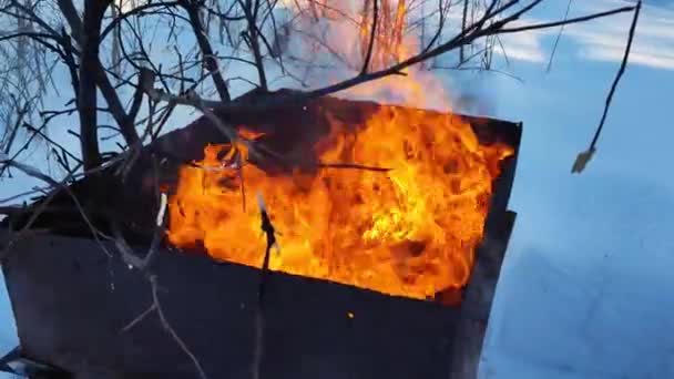 Ogień Metalowej Beczce Palenie Śmieci Żelaznym Pojemniku Zimie Recykling — Wideo stockowe