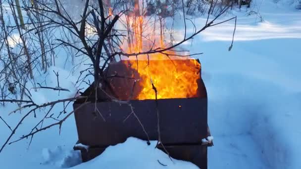Tűz Hordóban Újrahasznosítás Szemetet Éget Egy Vaskonténerben Lángok Hóban — Stock videók