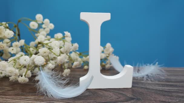Letter Made Wood White Letter Background Flowers Feathers Declaration Love — Stock Video