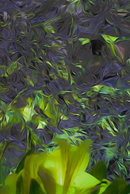 Arkaplandaki sarı çiçek yaprakları ve buruşmuş alüminyum folyoda yansıyan ışık dalgaları ile yeşil yaprakların soyut, bulanık görüntüsü.