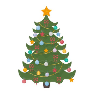 Noel ağacı. Şenlikli oyuncaklarla süslenmiş parlak bir Noel ağacı, bir çelenk ve başının üstünde altın bir yıldız. Beyaz arka planda izole edilmiş noel çam ağacı çizimi.