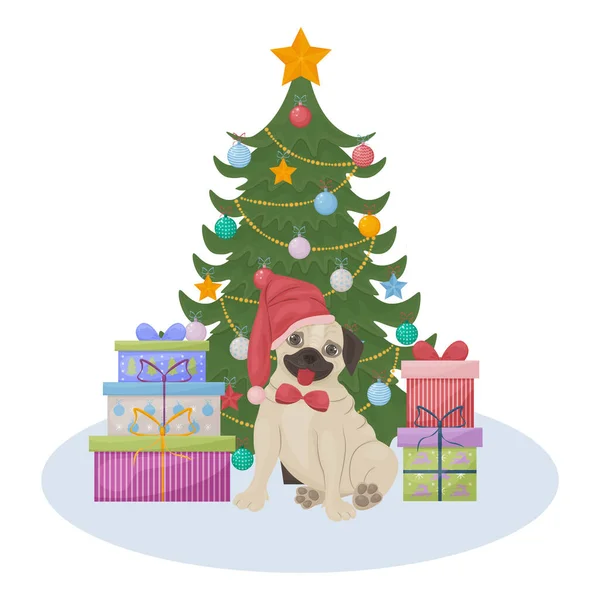 Cute Christmas Illustration Depicting Christmas Tree Gifts Cute Pug Sitting — Stock Vector