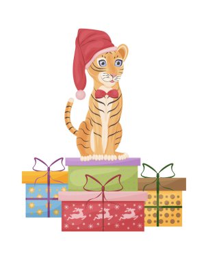 Kırmızı şapkalı şirin bir kaplanın hediye kutularının üzerinde oturduğu şirin bir Noel çizimi. Yeni yılın sembolü. Çocukların yeni yıl illüstrasyonu. Tatil kartı, vektör illüstrasyonu.