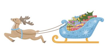 Noel Baba 'nın Noel geyiklerinin hediyeler ve Noel ağacıyla kızağa bağlandığı güzel bir Noel çizimi. Mavi Noel Baba kızağı kar taneleriyle süslenmiş. Tebrik kartı, vektör illüstrasyonu.