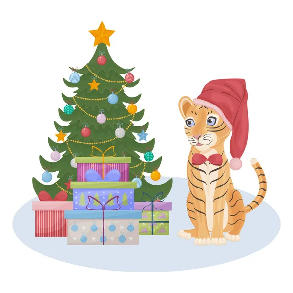 Jolie Illustration Noël Avec Tigre Mignon Dans Chapeau Rouge Assis — Image vectorielle