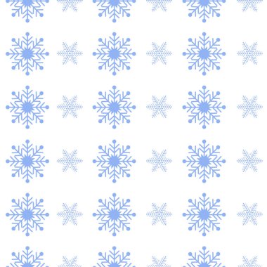 Kış, çeşitli şekillerde kar tanelerinin görüntüsüyle kusursuz desen. Kar taneleriyle Noel şablonu. Beyaz arka planda, prens için Noel deseni.