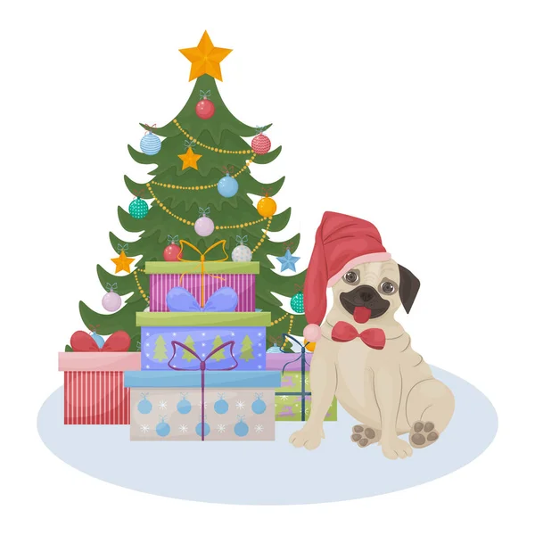 ギフト付きのクリスマスツリーとクリスマスギフト付きの箱の横に座っているかわいいパグを描いたかわいいクリスマスイラスト。子供たちの新年のイラスト。ホリデーカードベクトルイラスト — ストックベクタ