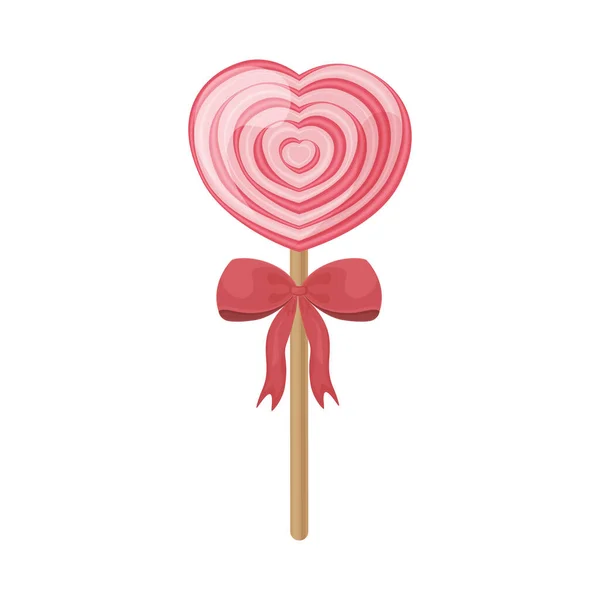 A bright heart-shaped lollipop with a bright red bow on a stick. Sweet lollipop. New Year s candies. Sweets for Valentine s Day. Vector illustration isolated on a white background — Stock Vector