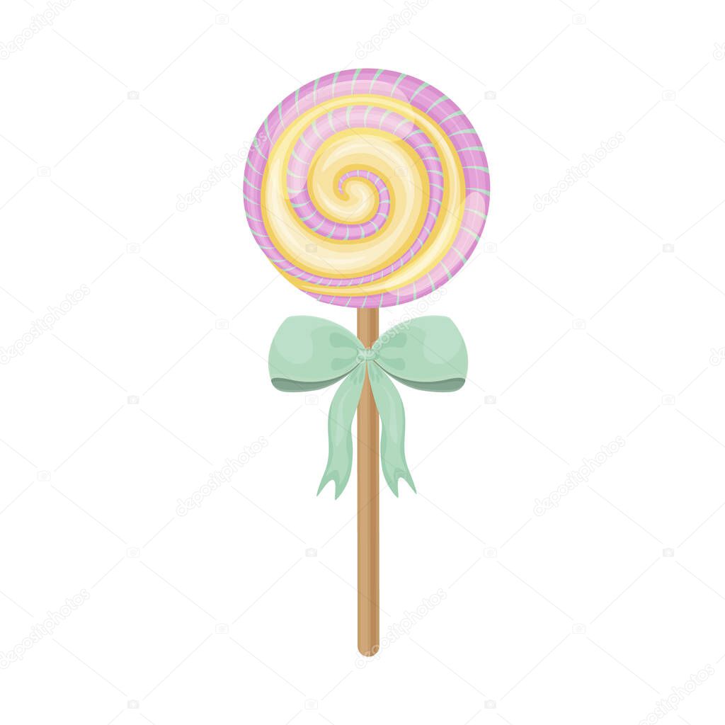 Bright Christmas candy in caramel with a green bow on a stick. Round sweet lollipop. New Year s candies. Christmas sweetness. Vector illustration isolated on a white background