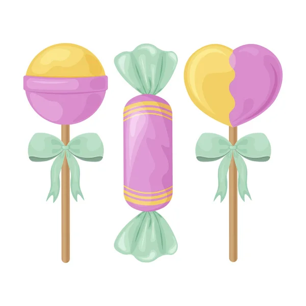 A bright set of three colorful candies of various shapes. Sweet heart-shaped lollipops, a round lollipop and a candy wrapper. Vector illustration isolated on a white background — Stock Vector