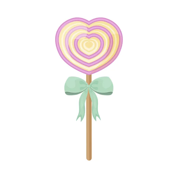 A bright heart-shaped lollipop with a green bow on a stick. A sweet lollipop on a stick. New Year s candies. Sweets for Valentine s Day. Vector illustration isolated on a white background — Stock Vector