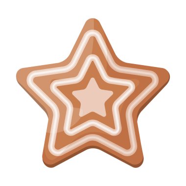 Tatlı zencefilli Noel pastası. Yeni yılın zencefilli çöreği desenlerle süslenmiş yıldız şeklinde. Şenlikli hamur işleri. Ev şeklinde Noel kurabiyeleri. Vektör çizimi izole edildi.