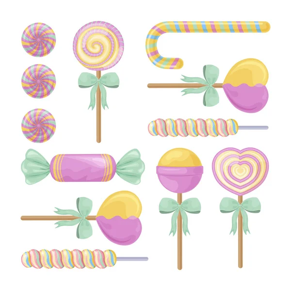 Ensemble Lumineux Composé Bonbons Colorés Sucettes Dragées Bonbons Sucettes Juteuses — Image vectorielle