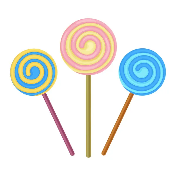 Set Three Spiral Lollipops Colorful Sweet Lollipops Stick Children Sweets — Stock Vector