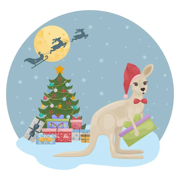 Χαριτωμένη Χριστουγεννιάτικη Απεικόνιση Που Απεικονίζει Ένα Χριστουγεννιάτικο Δέντρο Δώρα Και — Διανυσματικό Αρχείο