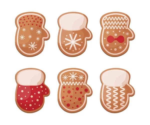 用姜饼做圣诞套餐很可爱 新年姜饼以手套 节庆糕点的形式出现 圣诞饼干的形状是手套 在白色背景上孤立的向量图 — 图库矢量图片