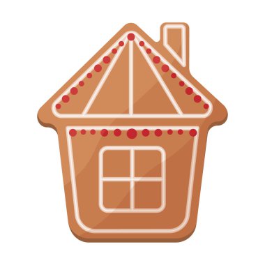 Tatlı Noel kurabiyesi. Ev şeklinde zencefilli çörekler. Şenlikli hamur işleri. Ev şeklinde Noel kurabiyeleri. Beyaz arkaplanda izole edilmiş vektör illüstrasyonu.