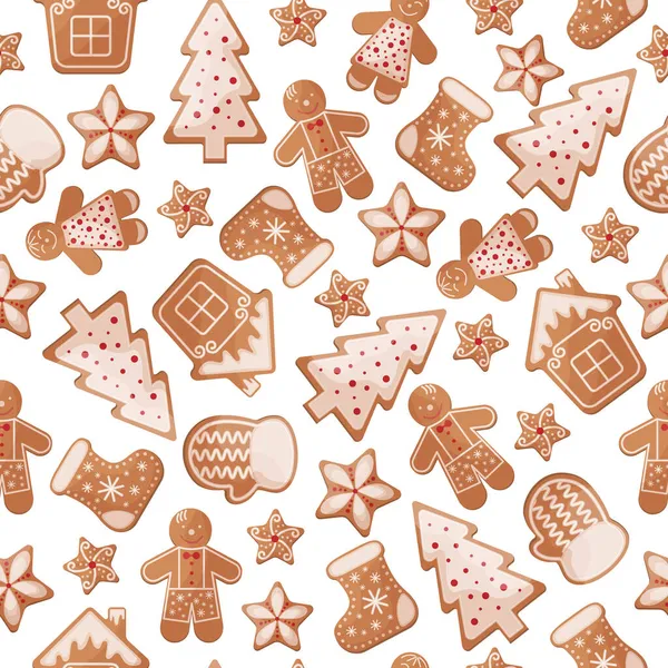 甜蜜的圣诞无缝图案与各种形状的姜饼的形象 印刷用的新年姜饼图案 矢量说明 — 图库矢量图片