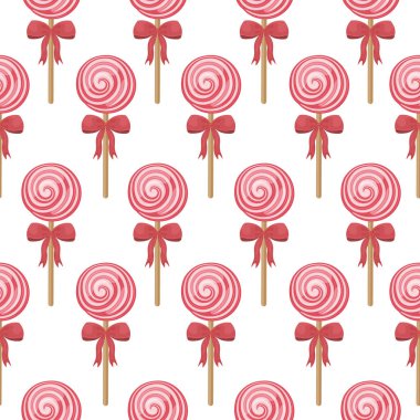 Çubukta lolipop resmi olan parlak, pürüzsüz bir desen. Kırmızı fiyonklu spiral lolipoplar. Çizgi film tarzı bir parmak izi için şeker deseni. Vektör illüstrasyonu