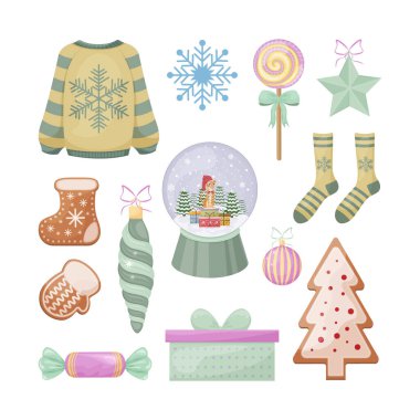 Bir hediye, bir kar küresi, bir zencefilli ekmek, bir Noel ağacı oyuncağı ve bir lolipop gibi büyük bir Noel seti. Noel eşyaları koleksiyonu. Yeni yılın sembolleri bunlar. Vektör