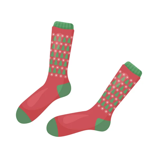 Brillantes calcetines de Navidad rojos con la imagen de árboles de Navidad verdes. Los calcetines calientes de Año Nuevo. Una prenda de vestir con símbolos de Navidad y Año Nuevo. Ropa de abrigo, ilustración vectorial — Vector de stock