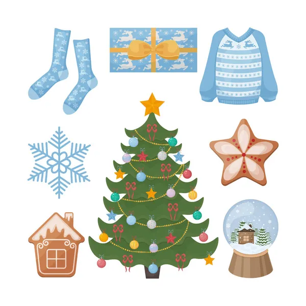 クリスマスツリーのおもちゃやセーターだけでなく、ギフト、雪の地球、ジンジャーブレッドなどのお祝いのアイテムと大規模なクリスマスセット。クリスマスアイテムのコレクション。新年のシンボルです。ベクトル — ストックベクタ