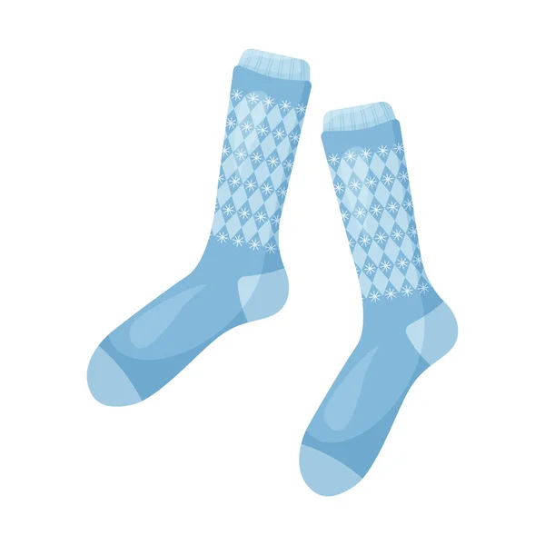 Leuchtende weihnachtlich warme Socken in blau. Wintersocken mit dem Bild von Schneeflocken. Warme Kleidung, Vektordarstellung, isoliert auf weißem Hintergrund — Stockvektor