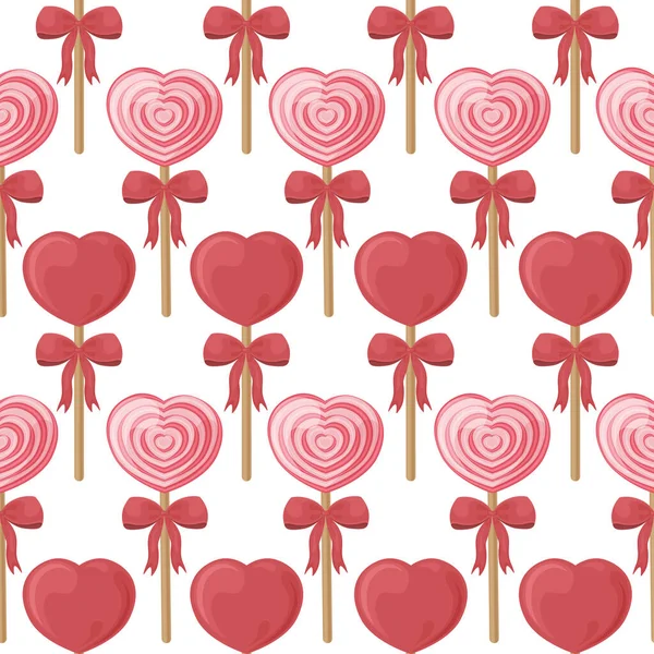 Bright sweet seamless pattern with the image of lollipops on a stick in the form of hearts. Spiral lollipops on a stick with red bows. Candy pattern for printing in cartoon style. Vector illustration — Stock Vector