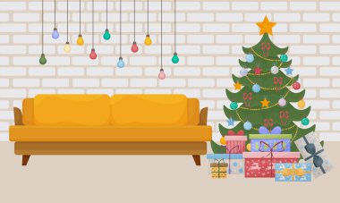 Noel 'in içini gösteren parlak bir çizim. Noel ağacı, hediyeler, parlak bir kanepe ve renkli çelenklerle dolu yeni yıl oturma odası. Vektör illüstrasyonu