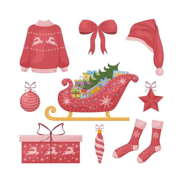 サンタクロースのそりをイメージした明るいクリスマスセットで、ギフトと帽子、靴下、赤い弓、セーター、ギフトボックスもあります。クリスマスアイテムのコレクション。ベクターイラスト — ストックベクタ