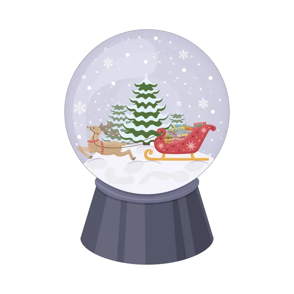 Globo de neve de Natal. Um globo de neve com renas de Papai Noel aproveitado para um trenó com presentes e árvores de Natal no fundo. Um acessório de Natal. Um brinquedo festivo. Ilustração vetorial — Vetor de Stock