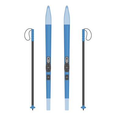 Kros kayakları ve kayak direkleri. Kar yürüyüşleri ve yarışmalar için kayaklar. Beyaz arka planda izole edilmiş spor ekipmanları vektör illüstrasyonu