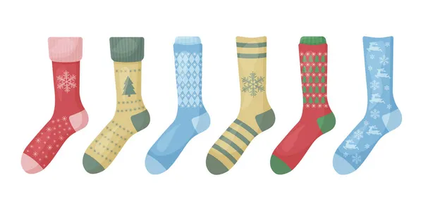 Egy világos készlet a kép a karácsonyi meleg zokni különböző színekben és különböző mintákat. Meleg zokni hópelyhekkel és karácsonyfákkal. Rajzfilmszerű zokni. Vektorillusztráció — Stock Vector