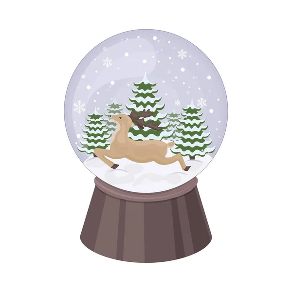 Bola de nieve de Navidad en estilo de dibujos animados. Una bola de nieve con un reno Santa Claus corriendo y árboles de Navidad en el fondo. Un accesorio navideño. Un juguete festivo. Ilustración vectorial — Archivo Imágenes Vectoriales