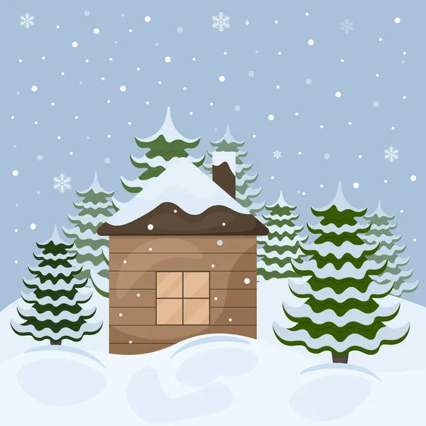 Χειμερινή Απεικόνιση Που Απεικονίζει Ένα Άνετο Ξύλινο Σπίτι Στο Δάσος — Διανυσματικό Αρχείο