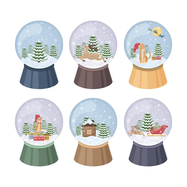 クリスマスの雪の手袋のセット。クリスマスツリーの雪玉、トナカイはそりに慣れており、新年の虎のシンボルでもあります。漫画風のスノーグローブのコレクション。ベクターイラスト — ストックベクタ