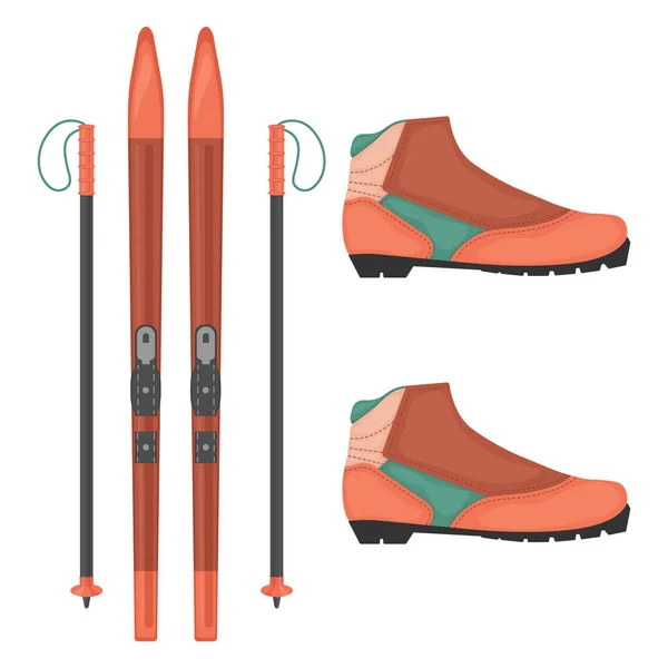 运动冬季设置与形象的越野滑雪 滑雪靴 用于竞赛和户外活动的运动器材 在白色背景上孤立的向量图 — 图库矢量图片