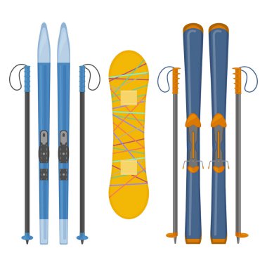 Kayak ve snowboard. Kros kayağı, snowboard ve kayak sahnelerinin olduğu bir set. Spor ve açık hava aktiviteleri için spor malzemeleri. Beyaz arkaplanda vektör illüstrasyonu.