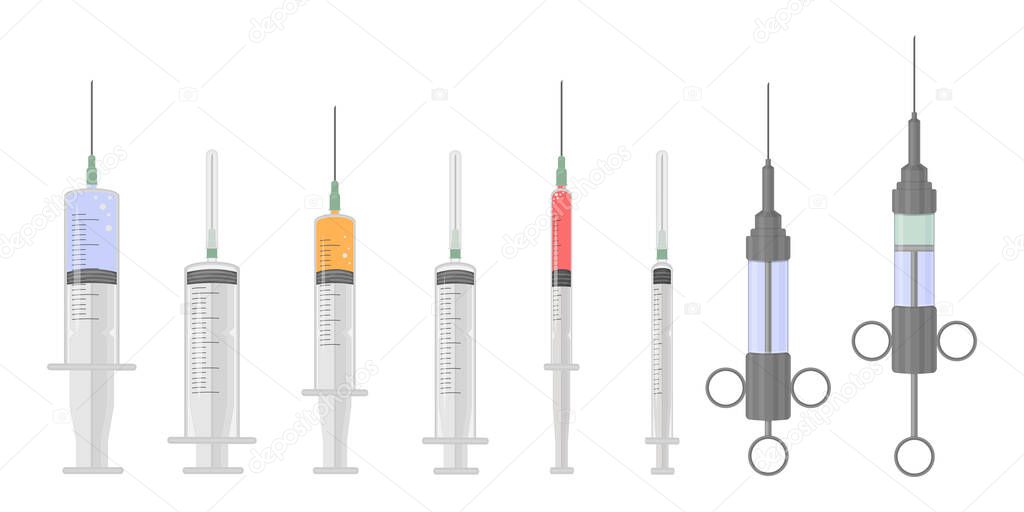 A set of medical syringes of various shapes and purposes. Syringes for injection. Disposable and reusable vintage syringes filled with medicine. Vector.